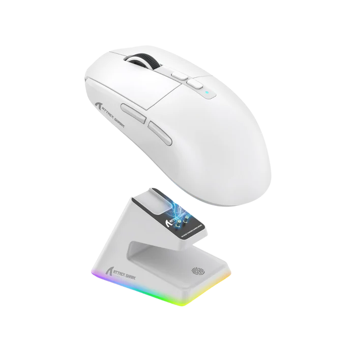 ATTACK SHARK X6 Lightweight Wireless Gaming Mouse with RGB Backlight Charging Base,Tri-Mode Wired/2.4GHz/BT5.2,26K DPI, PAW3395 Optical Sensor,HUANO Switch,5programmable Buttons,PC/Mac(White)
