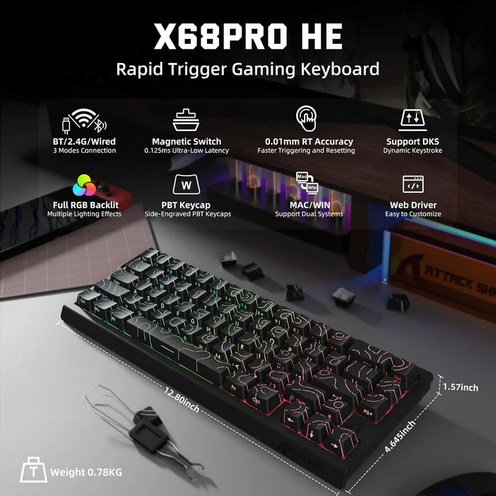 ATTACK SHARK X68 PRO HE Wireless Rapid Trigger Gaming Keyboard with Adjustable Actuation,8K Polling Rate,Hall Effect Magnetic Switch,Hot-Swap,RGB Backlit,BT/2.4GHz/Wired,for FPS Games-Black - Image 2