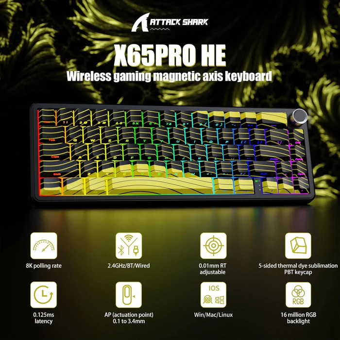 Attack Shark X65PRO HE Rapid Trigger Magnetic Mechanical Keyboard,60% Hot Swappable,Hall Effect Sensor,Adjustable Actuation,Tri-Mode RGB, 8KHz Polling Rate with Coiled Cable for MOBA/FPS/RTS-Yellow - Image 4