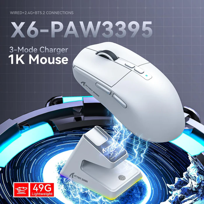 ATTACK SHARK X6 Lightweight Wireless Gaming Mouse with RGB Backlight Charging Base,Tri-Mode Wired/2.4GHz/BT5.2,26K DPI, PAW3395 Optical Sensor,HUANO Switch,5programmable Buttons,PC/Mac(White) - Image 2